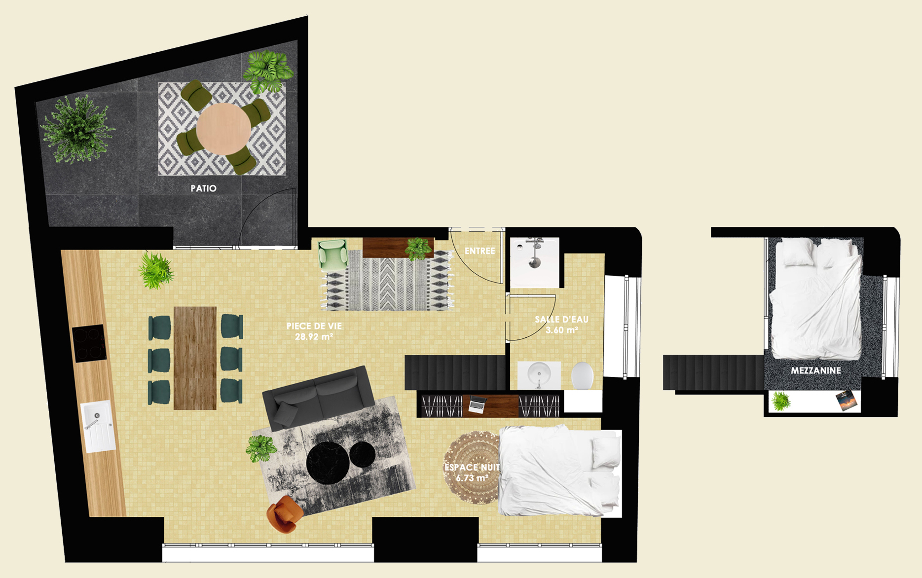 il s'agit d'un plan coloré concernant la création d'un appartement type loft dans un ancien local commercial